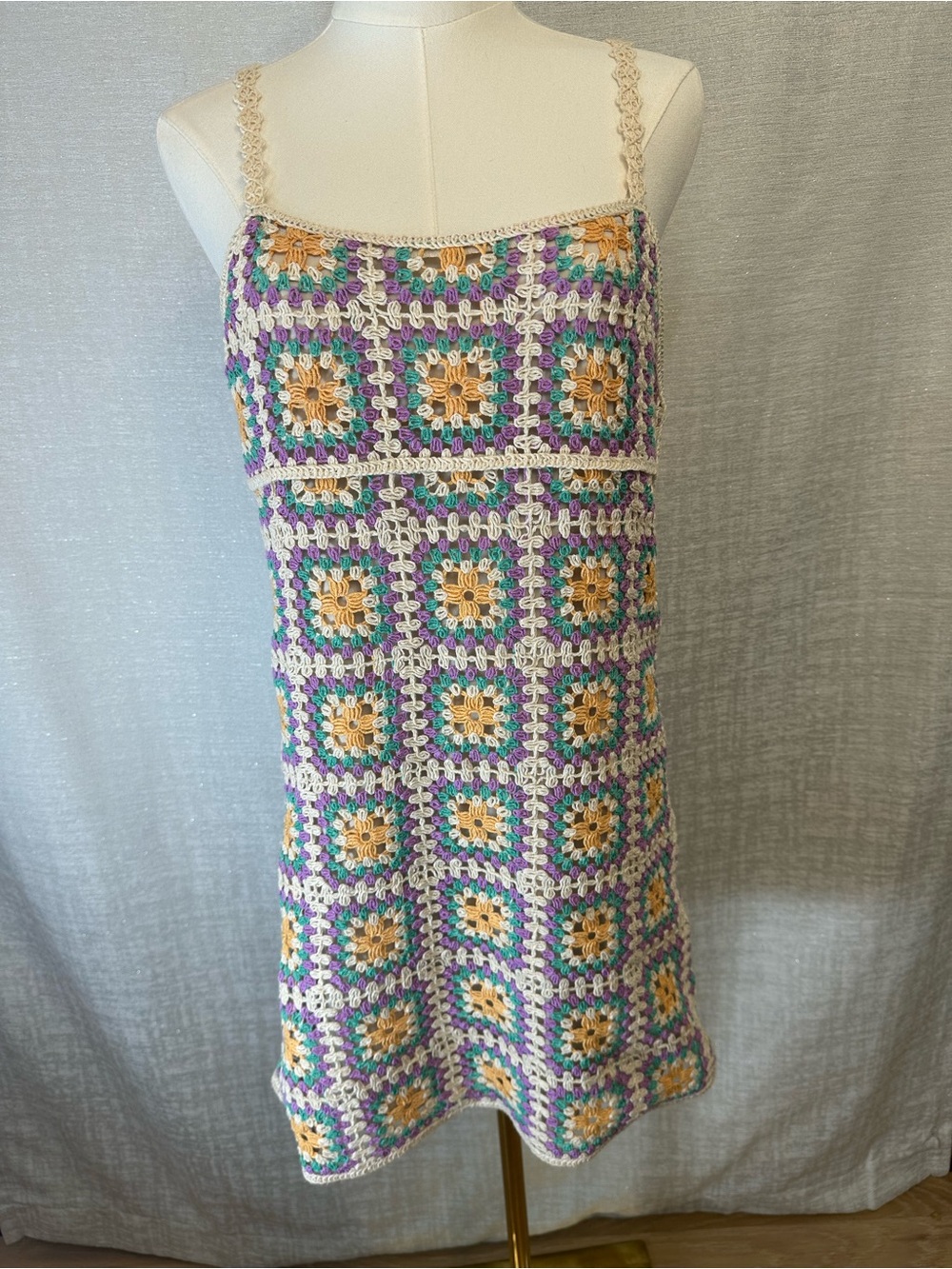 Zara Crochet Mini Dress in Cream, Purple & Teal